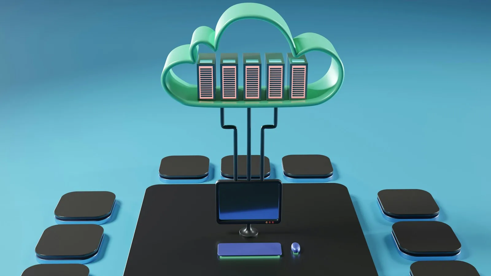 Cloud computing illustration showing AI agents running background tasks