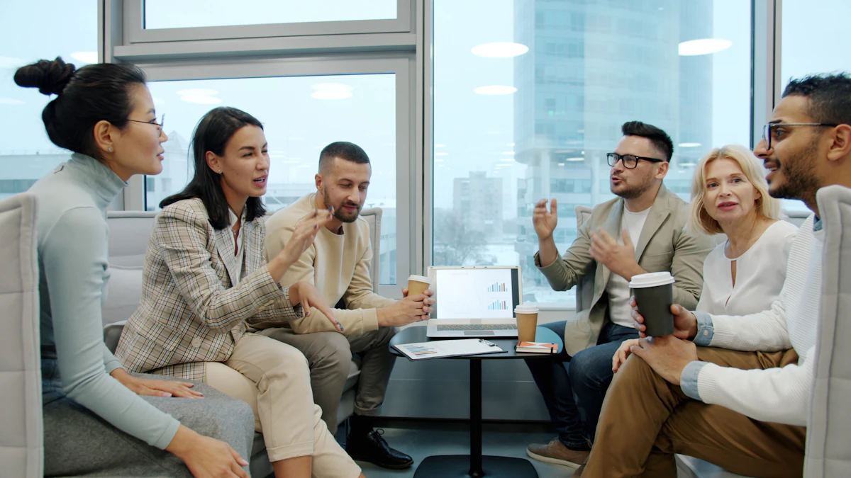 Business team discussing advertising strategy in a modern office