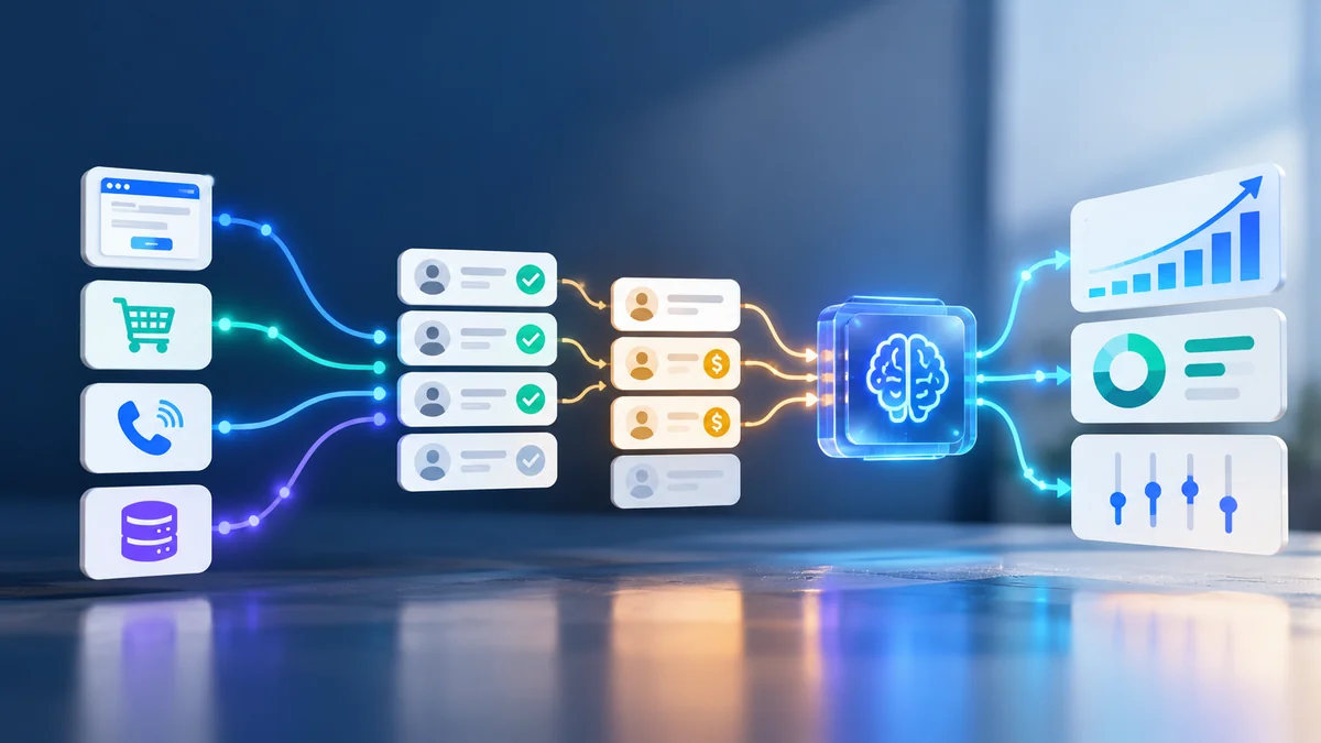 Customer data flowing from forms, carts, calls and CRM into AI-powered bidding and campaign results