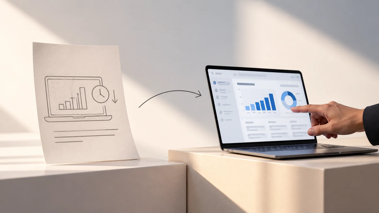 Software demonstration comparing a manual paper report with a live analytics dashboard on a laptop