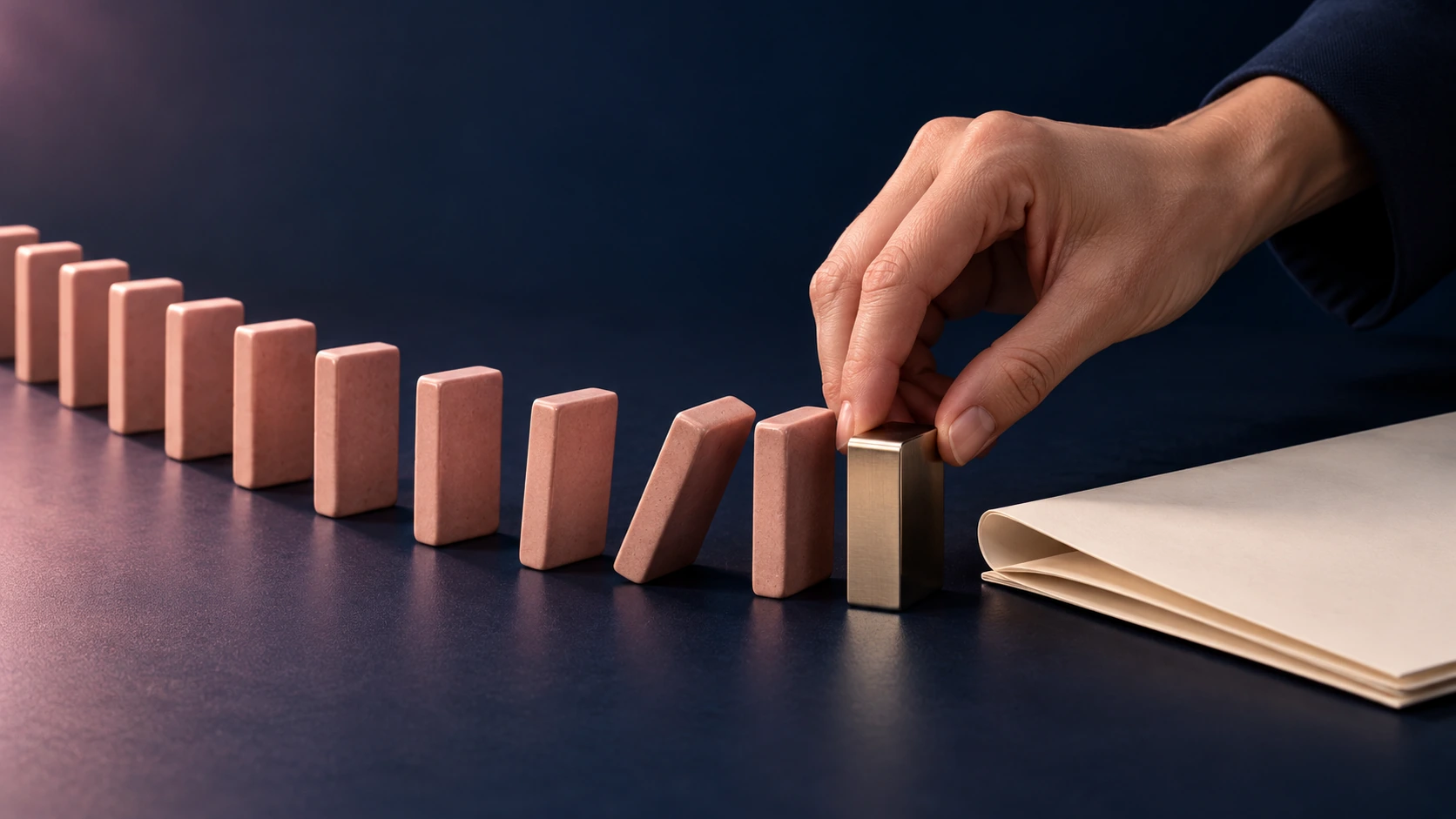 A hand placing a brass block to stop a falling row of pink dominoes beside a paper folder